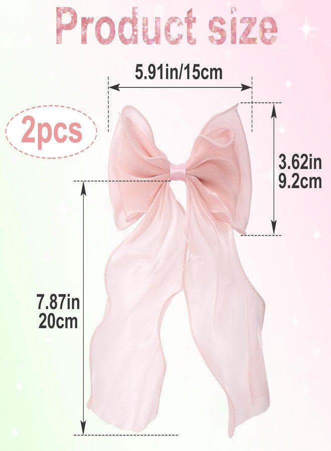 STSTR 2Pcs Large Hair Bow Clips, Pink Silk Yarn Ribbon Bow Hair Barrette for Women, Elegant Long Tail Bowknot French Hair Accessories for Wedding, Parties, Festivals - Image 2